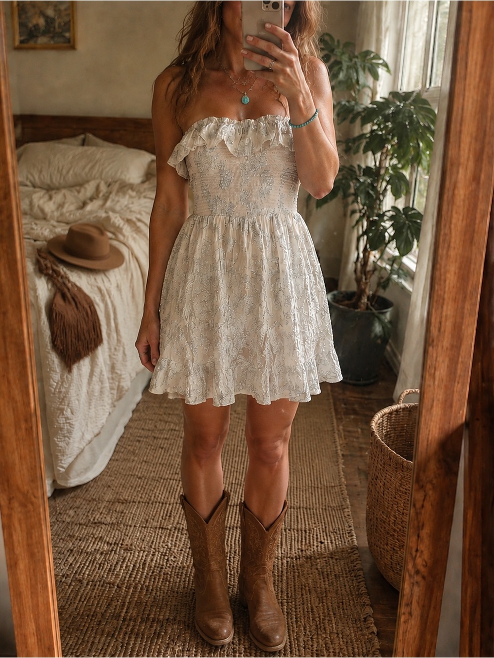 Free People RARE Gardenia Cream & Silver Ruffle Mini Dress